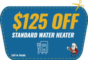 $125 Off Standard Water Heater Coupon | Benjamin Franklin Plumbing proudly serving the Florence, SC and surrounding areas.